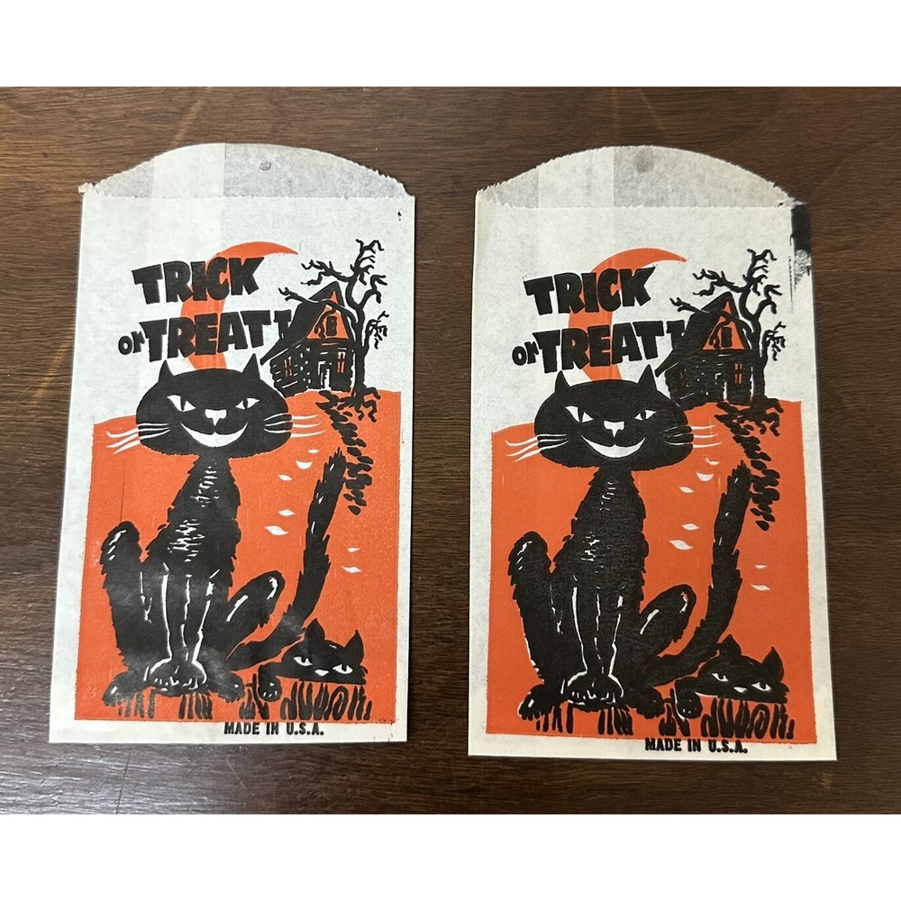 Vintage Black Cat Halloween Treat Bag Spooky Scary Old Haunted House Lot 2